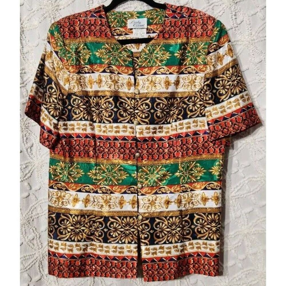 Vtg Lady‎ Carol Blouse Womens 18 Button Up Floral Colorblock Filagree Tapestry